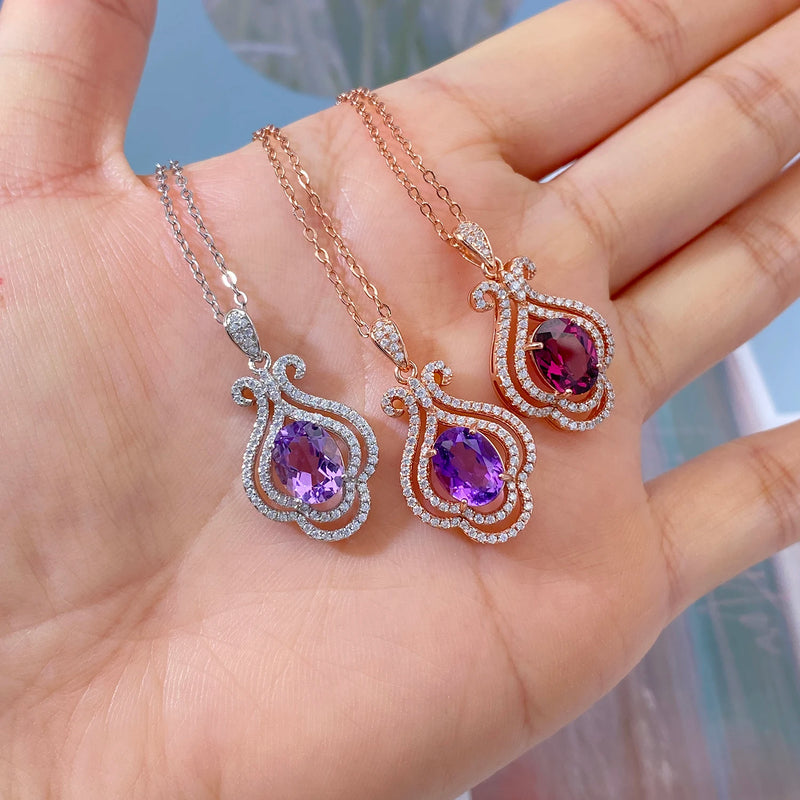 925 Sterling Silver Rose Gold Plated Amethyst Pyrope Zircon Pendant Necklace for Women