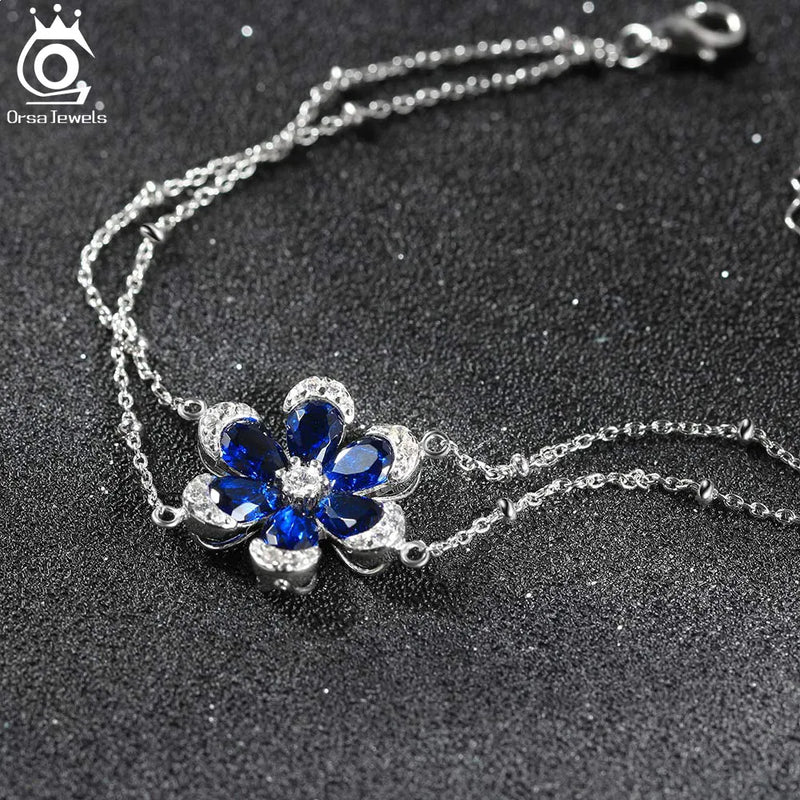 925 Sterling Silver Created Sapphire Flower Bracelet for Women