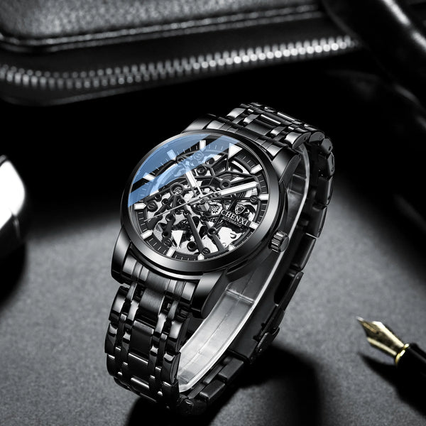 Stainless Steel Hollow Automatic Self-Wind Luminous Mechanical Watch for Men