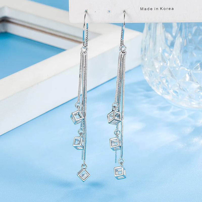 925 Sterling Silver Square Crystal Drop Earrings for Women