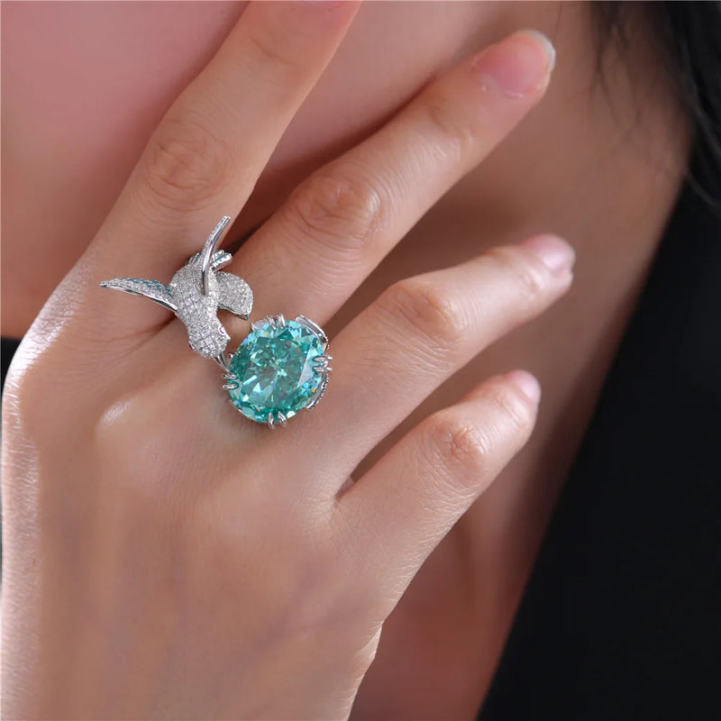 Sterling Silver 6CT Paraiba Tourmaline and Moissanite Hummingbird Ring for Women