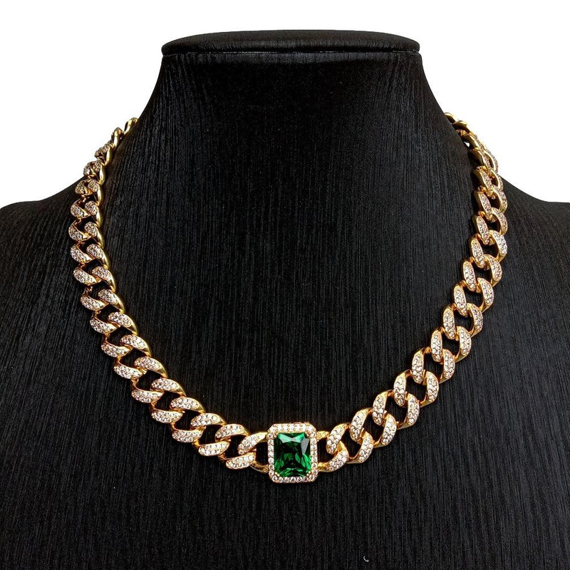 Y.YING 18k Gold Plated Vintage Green Cz Charm CubanChain Choker Necklaces