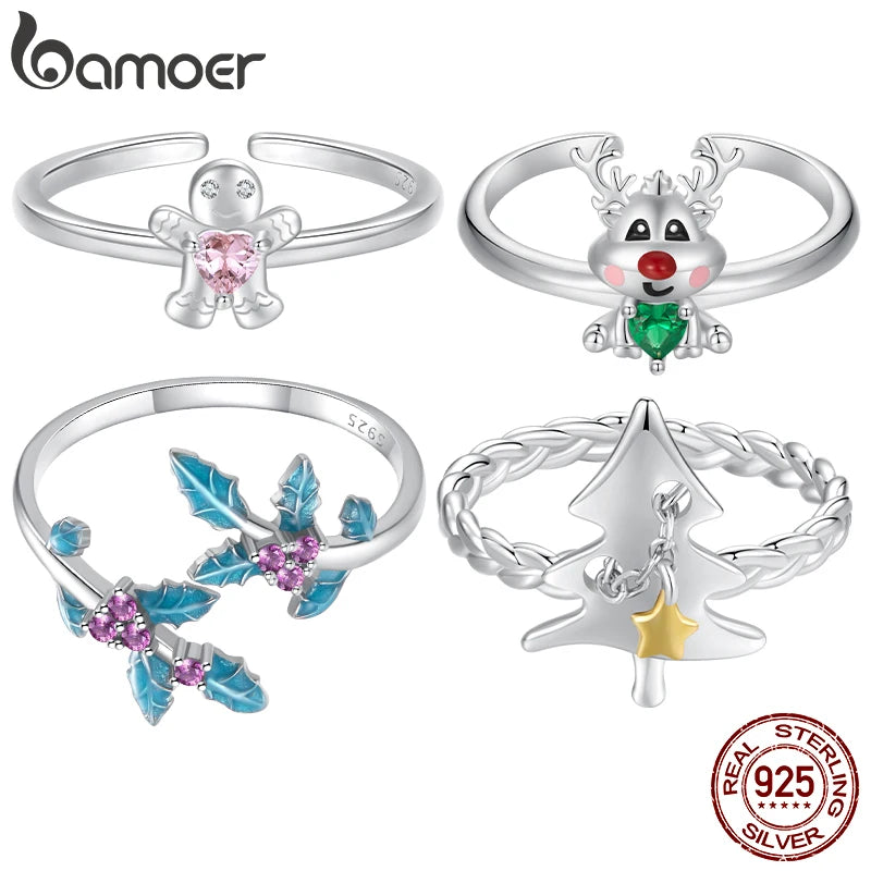 Sterling Silver Tree Elk Holly Gingerbread Rings for Women