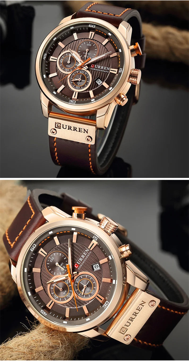 Stainless Steel Brown Leather Chronograph Watch for Men