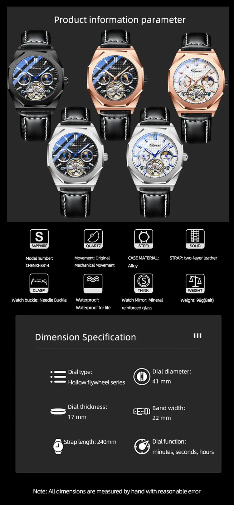 Stainless Steel Sun Moon and Stars Luminous Mechanical Watch for Men