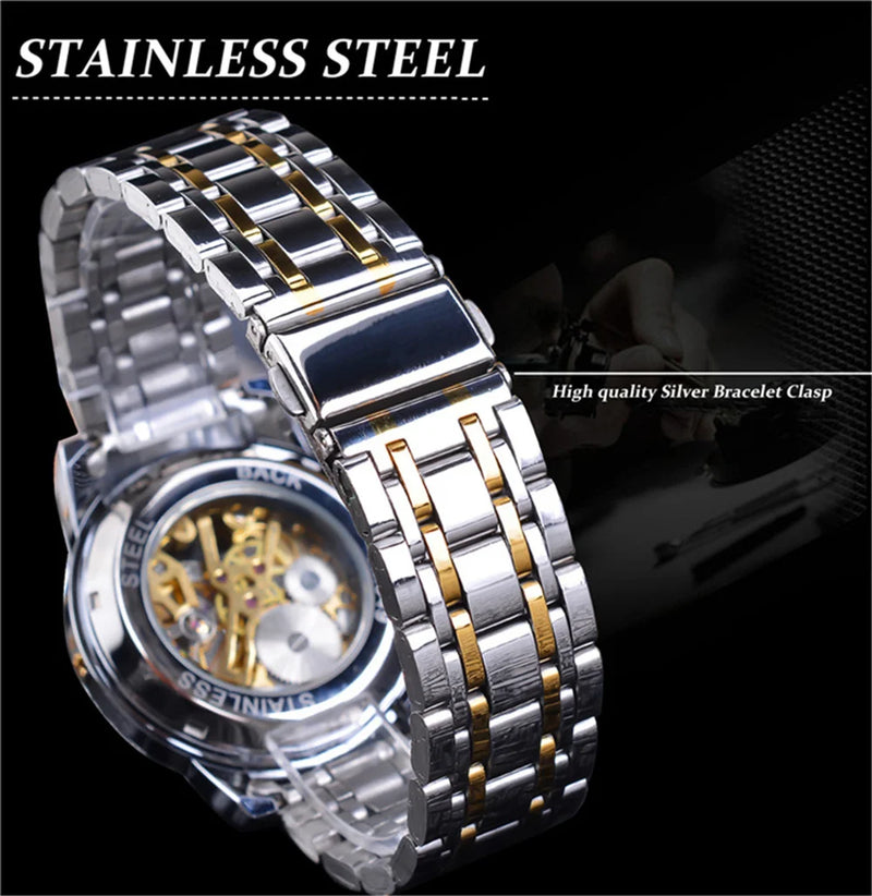 Stainless Steel Mechanical Skeleton Wristwatch for Men