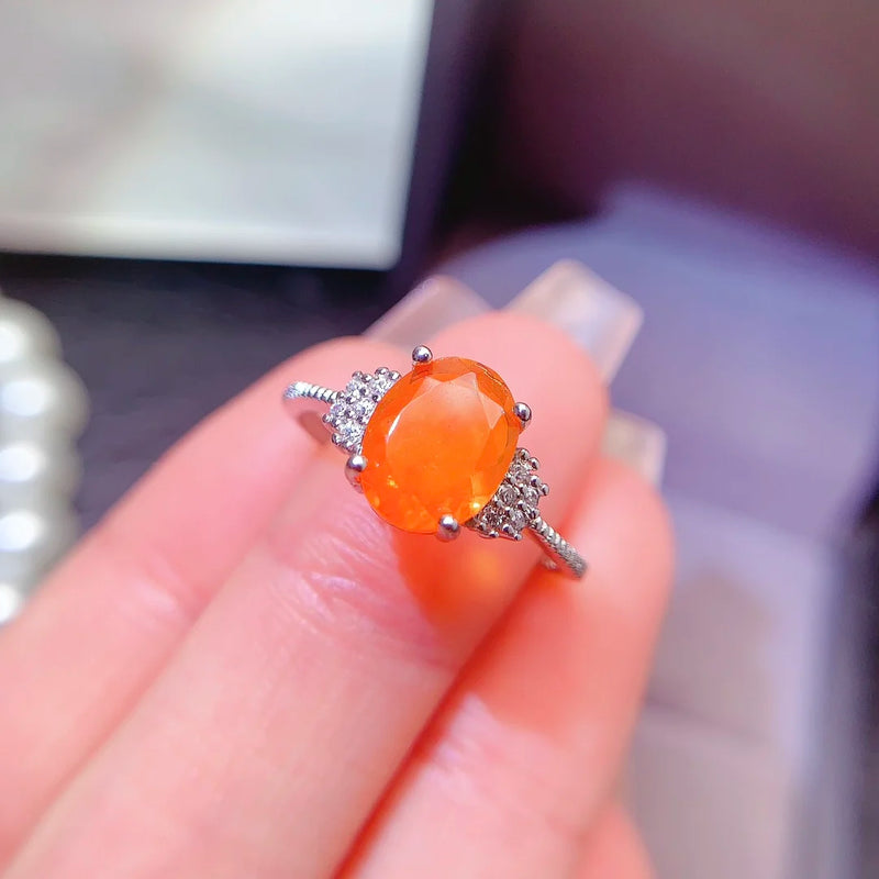 925 Sterling Silver 6mm x 8mm Orange Opal Ring with 18K Gold Plating for Women