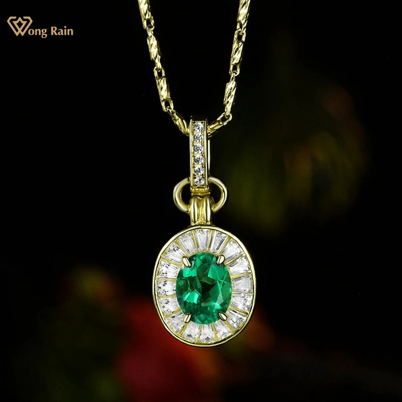 18K Gold Plated Sterling Silver Oval Emerald Pendant Necklace for Women