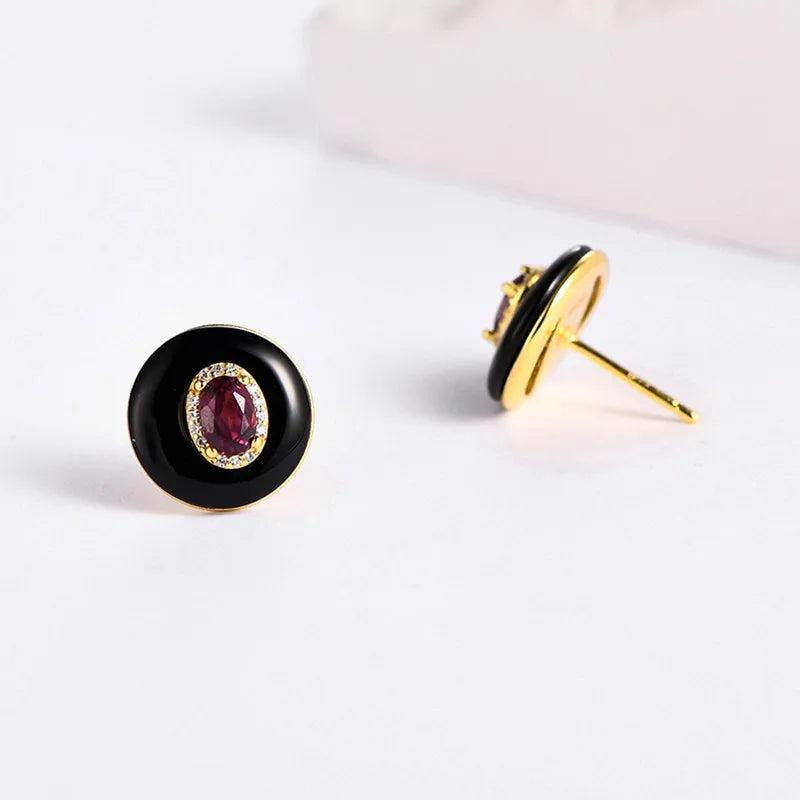 925 Sterling Silver Black Agate & Red Garnet Stud Earrings for Women