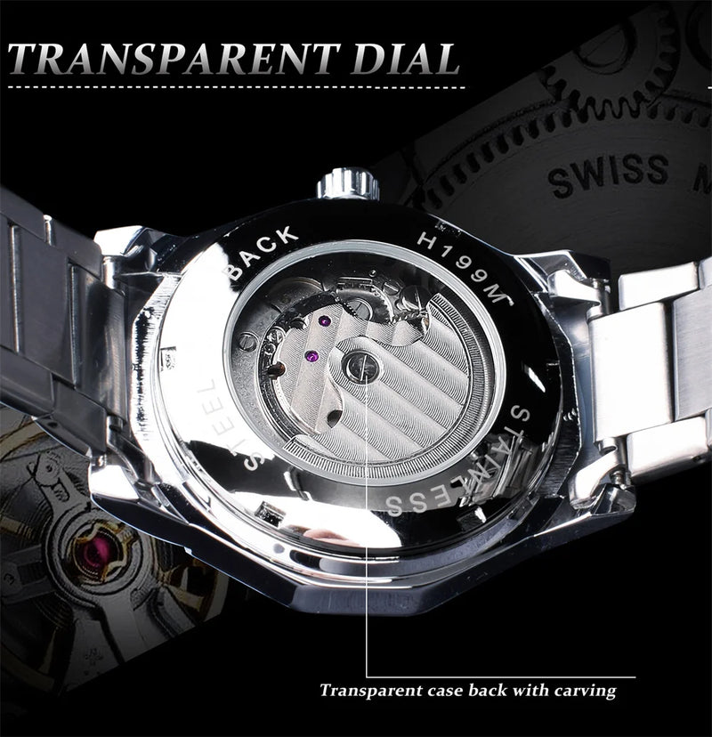 Stainless Steel Skeleton Transparent Automatic Mechanical Watch for Men