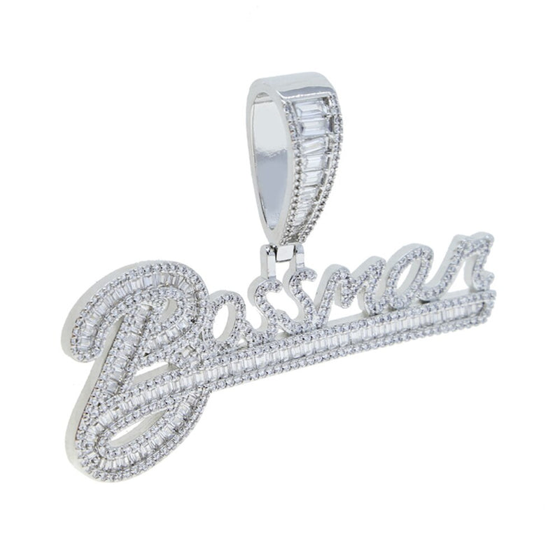 Silver Iced Out Cursive Letters Pendant Necklace with 5A Cubic Zirconia for Men