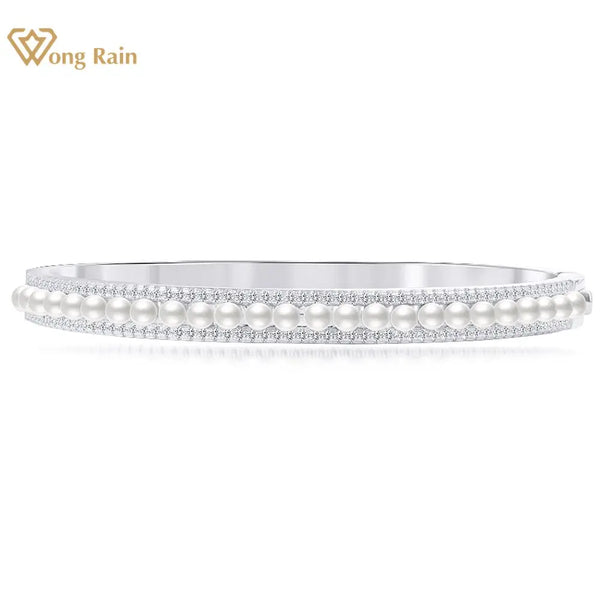 Wong Rain 925 Sterling Silver 3MM Pearl Lab Sapphire Diamonds Gemstone Bangle Bracelets Wedding Fine Jewelry Anniversary Gifts