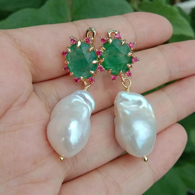 Silver Cultured White Keshi Pearls and Green Aventurine Drop Earrings for Women