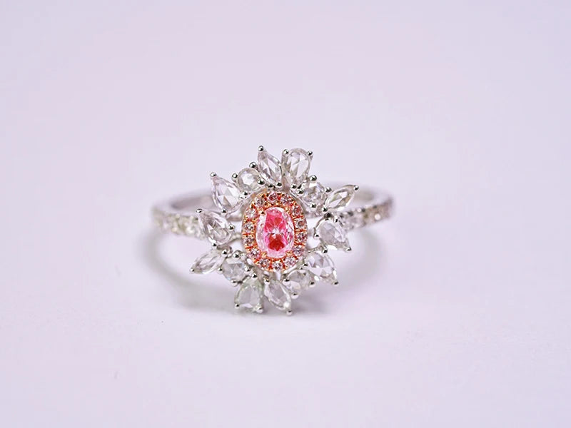 18K White Gold Pink Diamond Sunflower Ring for Women