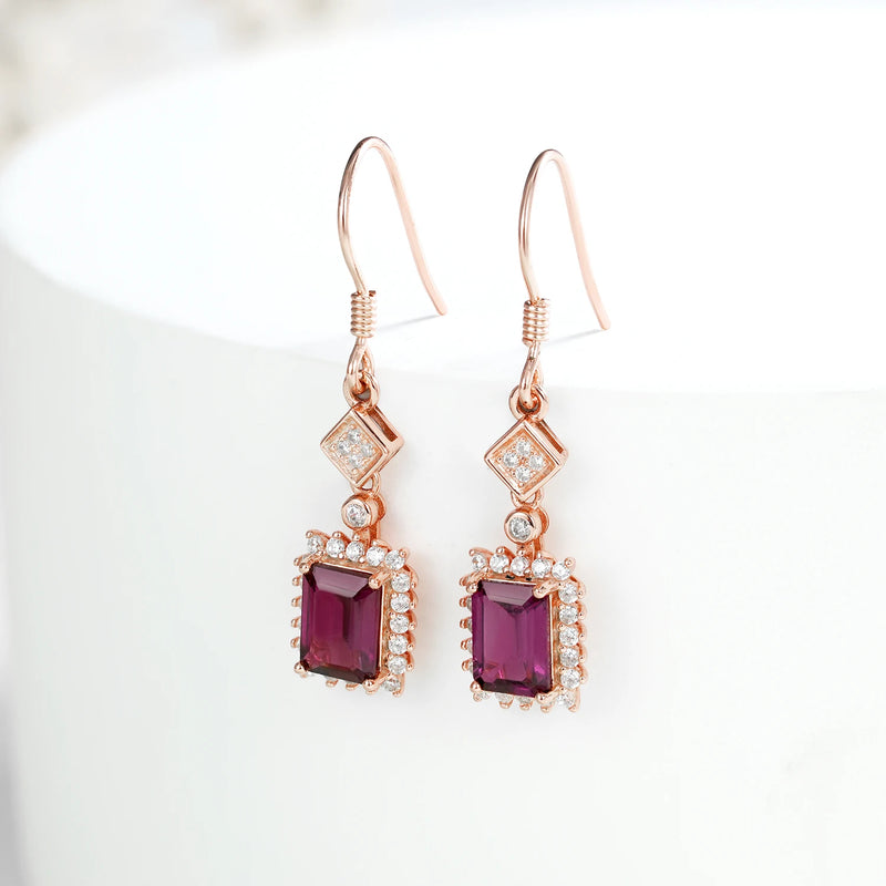 Sterling Silver Natural Purple Garnet Dangle Earrings for Women