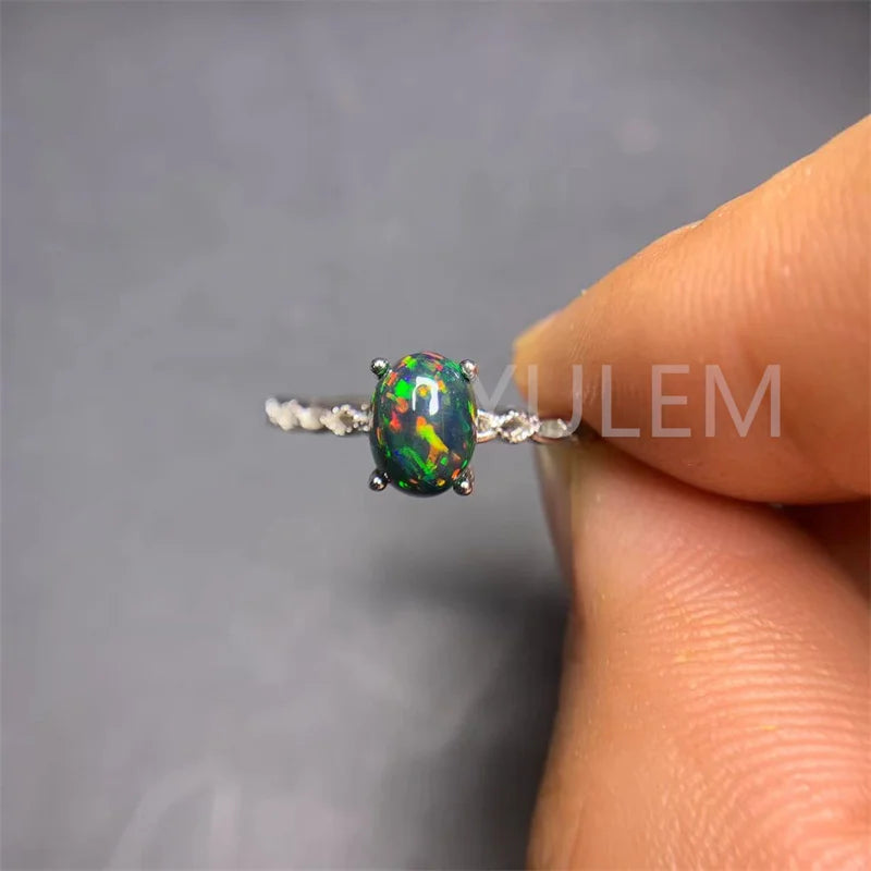 Solid 925 Silver Black Opal Ring, 6mm*8mm, for Women