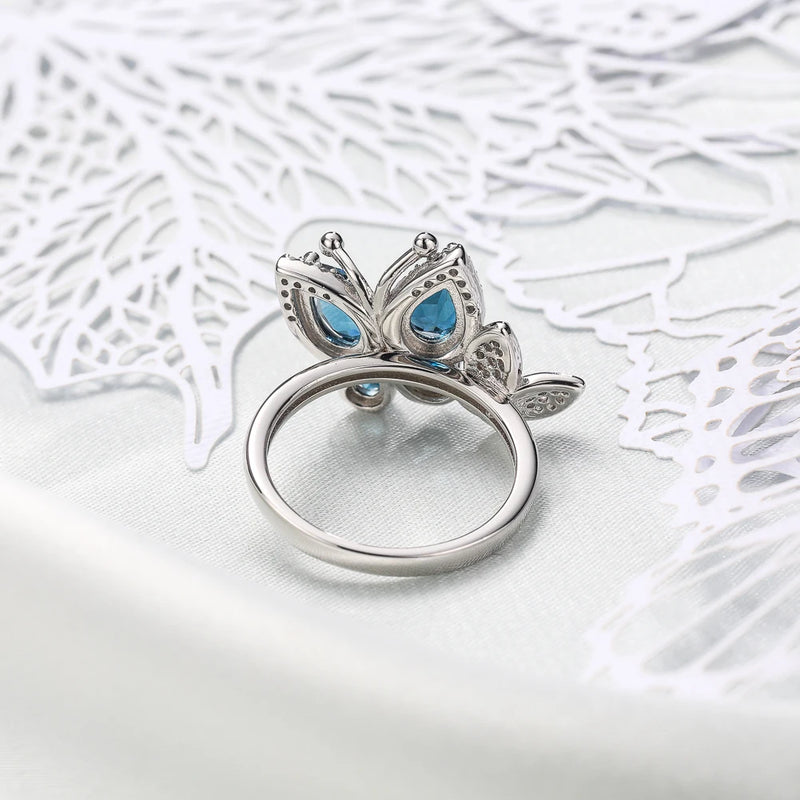 925 Sterling Silver Blue Butterfly Rings with 2ct Gems and Natural London Blue Topaz for Women