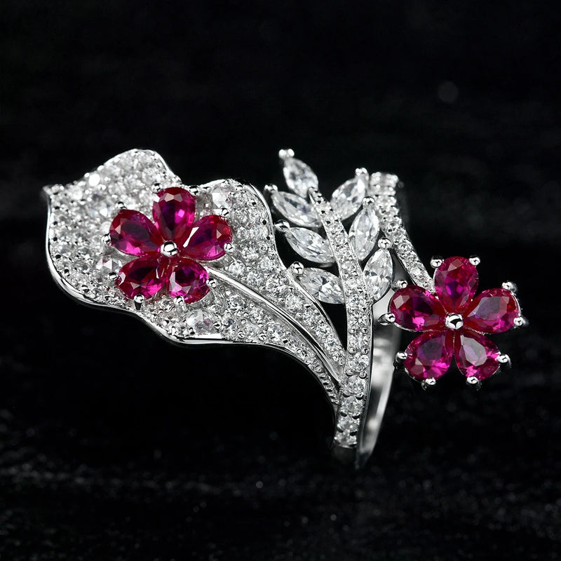 925 Sterling Silver Flower Ruby Diamond Gemstone Ring for Women