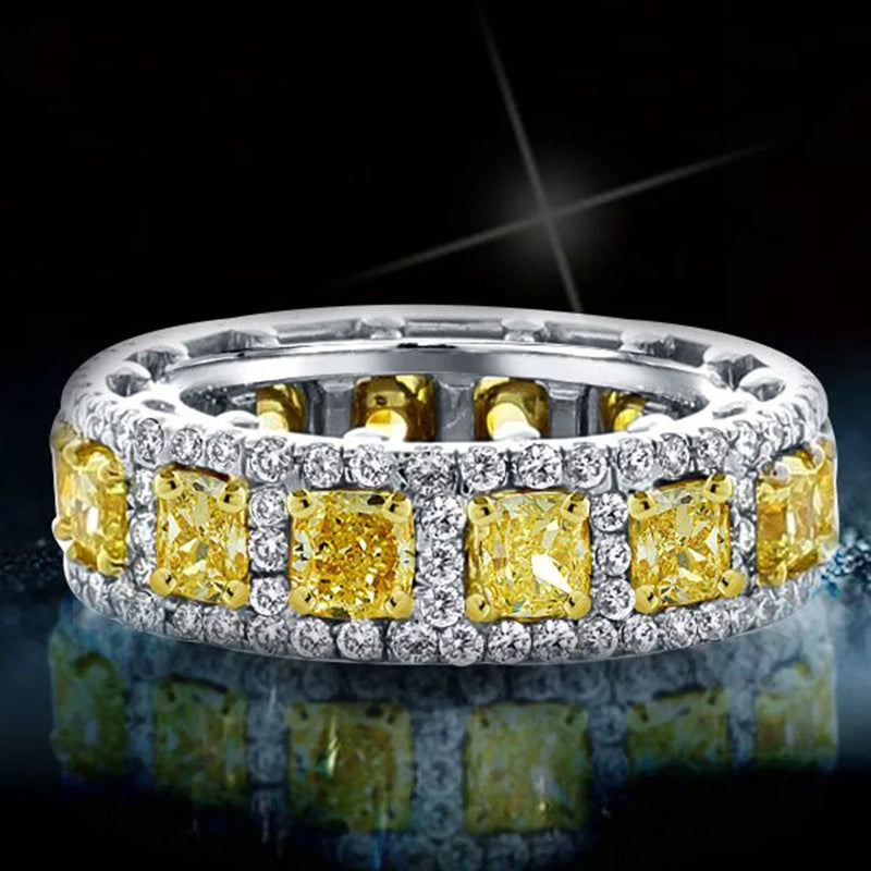 Sterling Silver Cushion Cut Fancy Yellow Sapphire and Moissanite Diamond Ring for Women