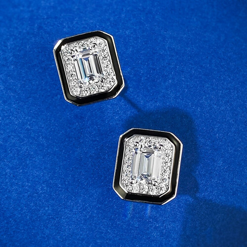 925 Sterling Silver Lab Sapphire Emerald Cut Earrings