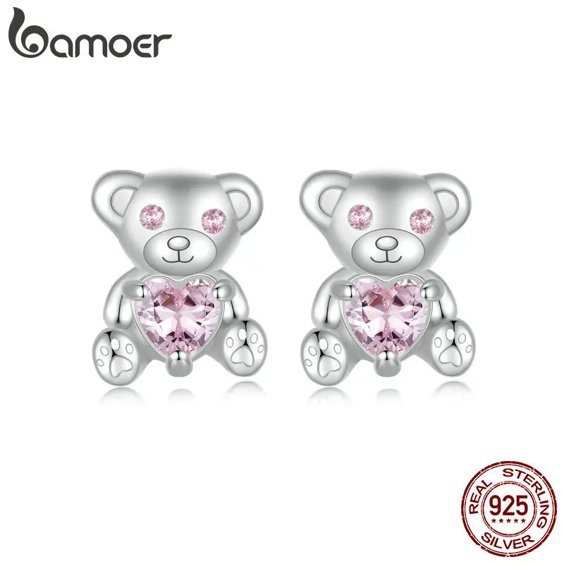 Solid 925 Sterling Silver Bear Stud Earrings for Women