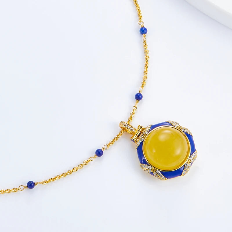 Sterling Silver Natural Amber & Lapis Lazuli Pendant Necklace for Women