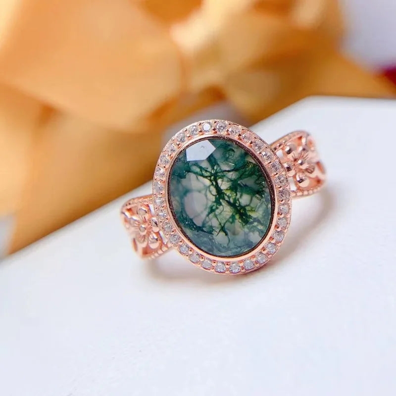 925 Sterling Silver Gold Plated Moss Agate Ring for Women