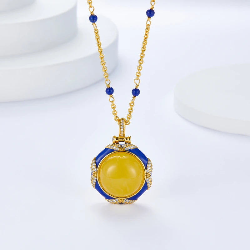 Sterling Silver Natural Amber & Lapis Lazuli Pendant Necklace for Women