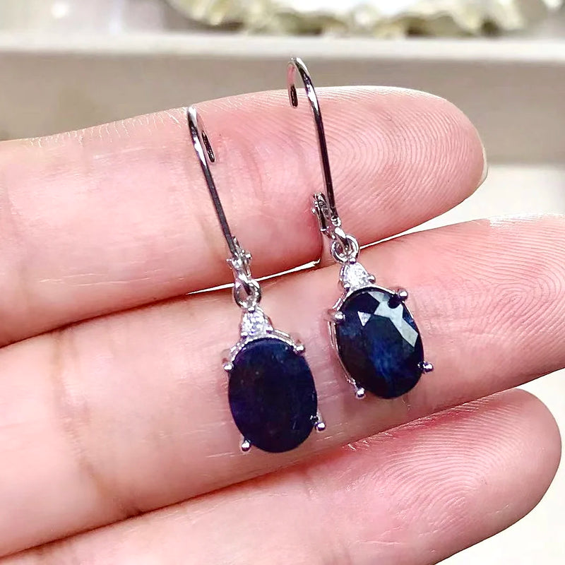 925 Sterling Silver Natural Black Sapphire Drop Earrings 7mm*9mm for Women