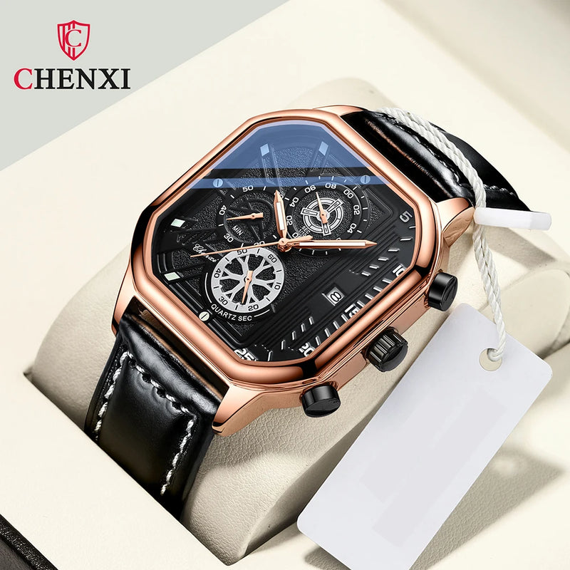 Stainless Steel Black Leather Square Dial Chronograph Quartz Wristwatch for Men