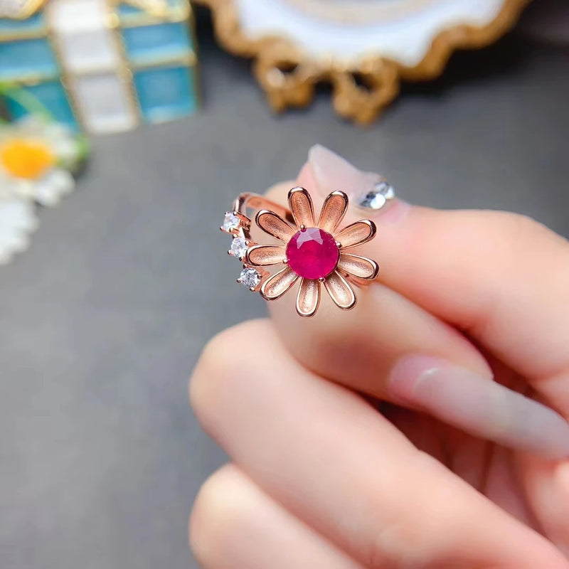 925 Sterling Silver Natural Ruby Flower Ring for Women