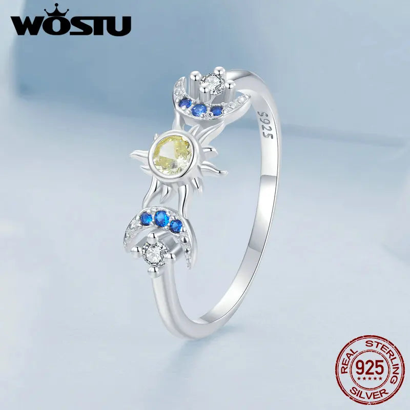 Sterling Silver Moon Sun Band Ring with Blue Yellow Zircon for Women