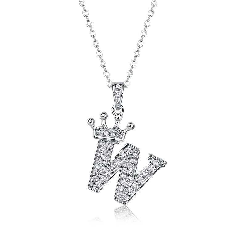 925 Sterling Silver Moissanite Diamonds Letters Crown Pendant Necklace