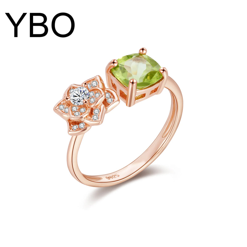 Rose Gold Plated Sterling Silver Peridot Opening Flower Engagement Ring for Women