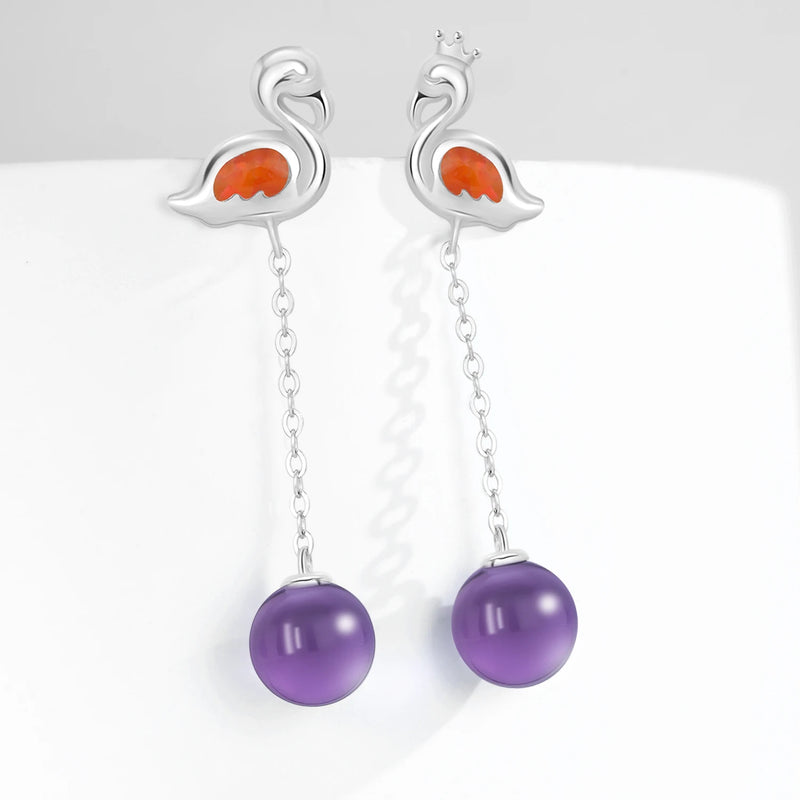 925 Sterling Silver Amethyst Dangling Swan Earrings for Women