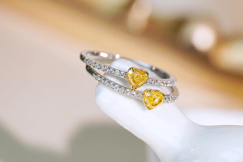 18K White Gold Natural Yellow Diamond Heart Engagement Ring for Women