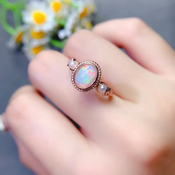 Silver Natural Opal Engagement Ring, 6x8mm, for Her