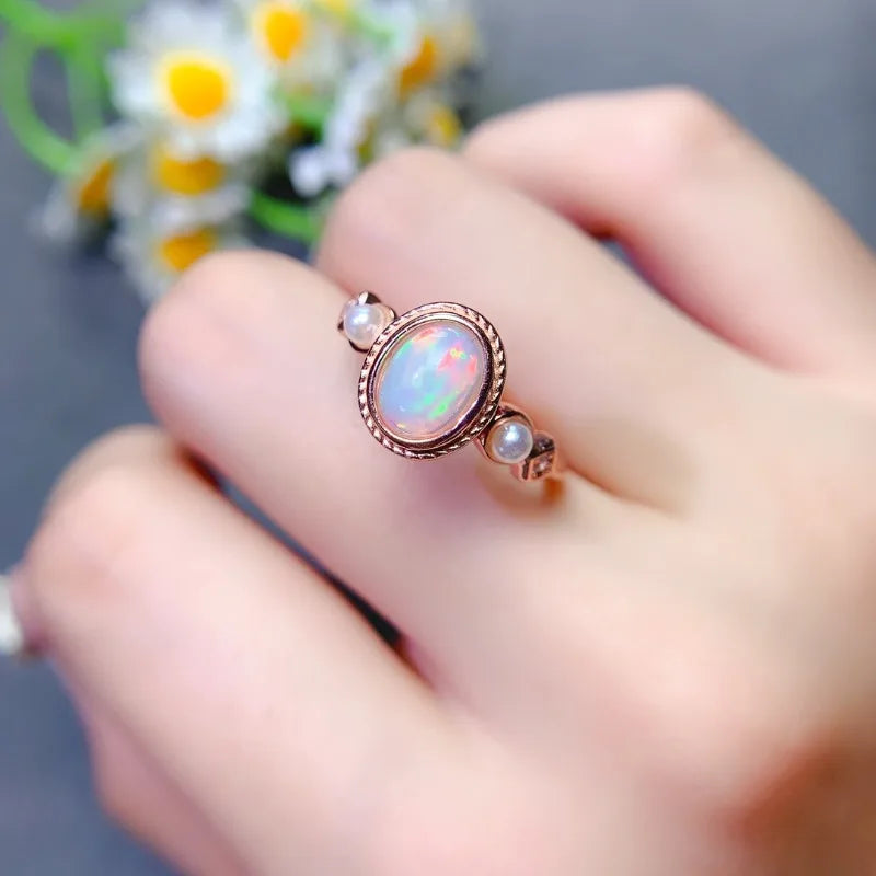 Silver Natural Opal Engagement Ring, 6x8mm, for Her