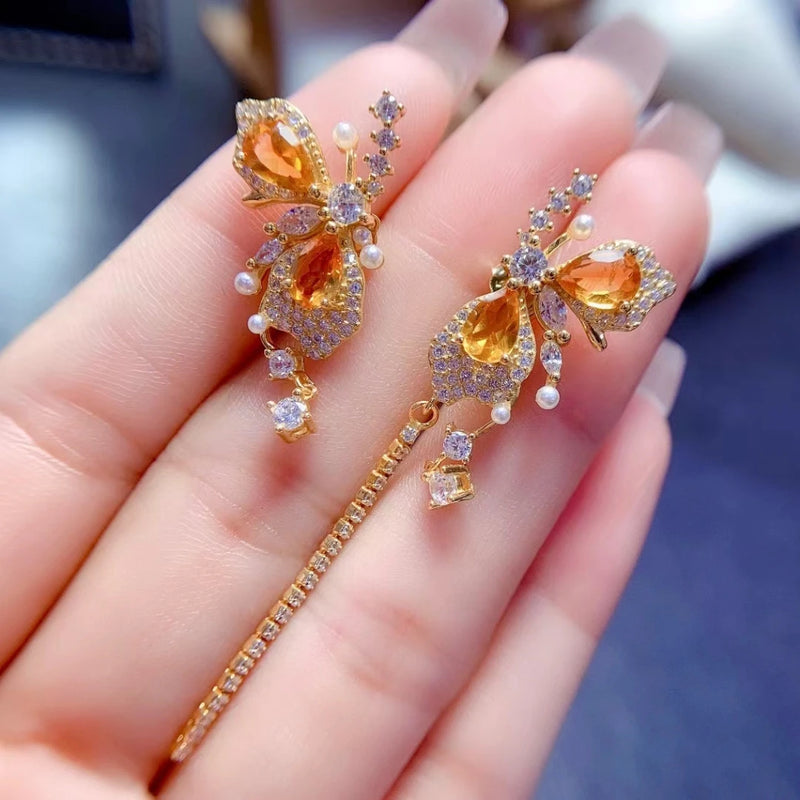 925 Silver Natural Brazil Citrine Butterfly Earrings for Women