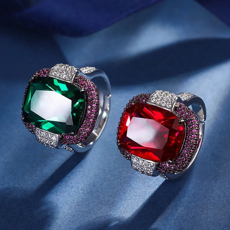 Sterling Silver Ruby Emerald Lab Diamond Cocktail Rings For Women