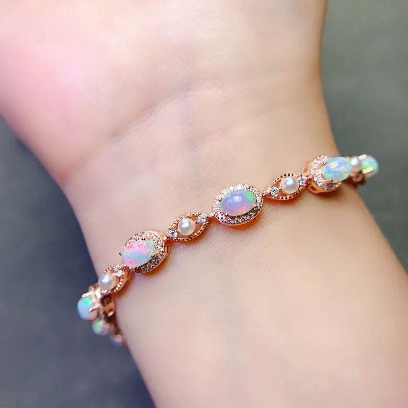 S925 Silver Natural Opal Bracelet, Simple Retro, for Women