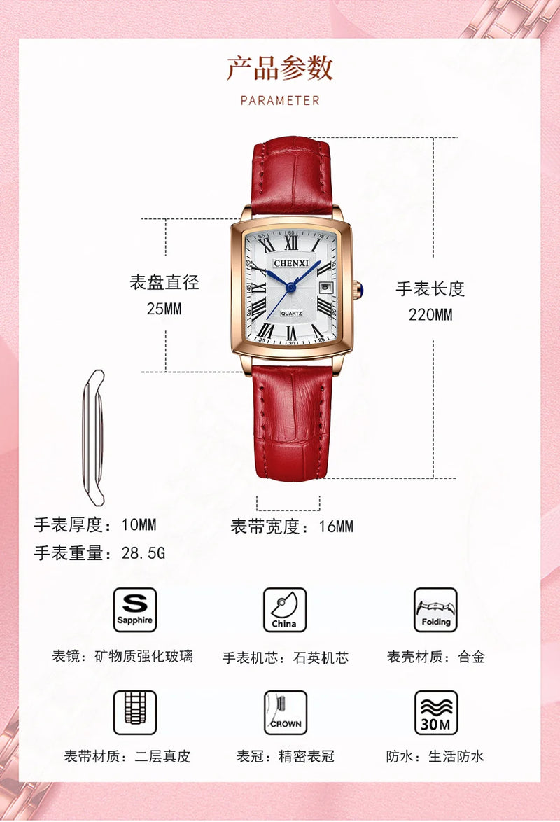 Leather Square Quartz Watch for Women