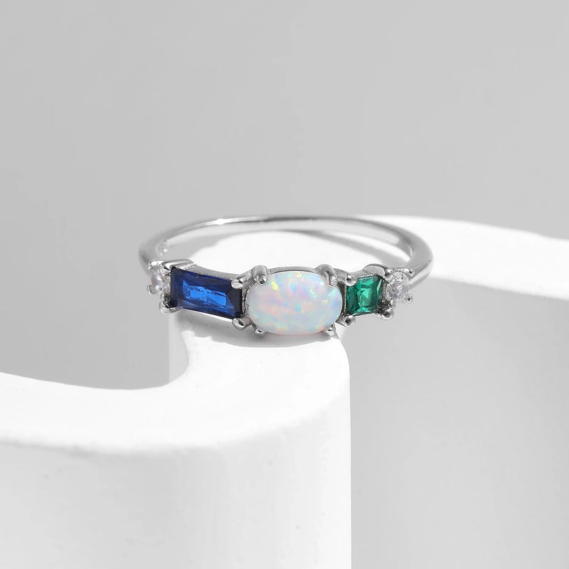 Sterling Silver Opal & Colorful Zirconia Ring for Women