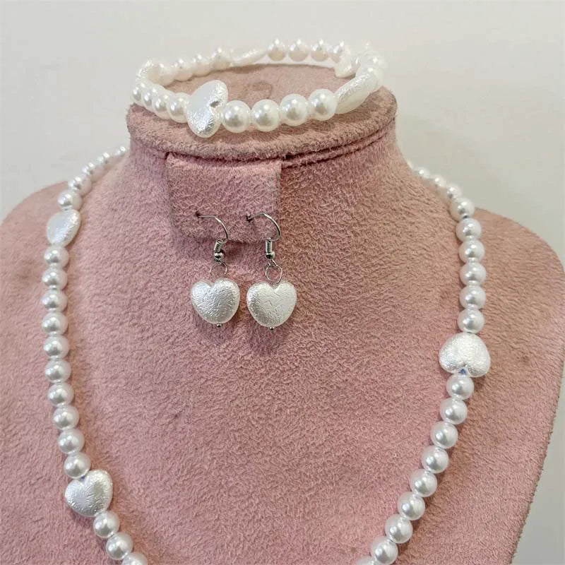 Plastic White Pearls Jewelry Set Necklace Earring Bracelet Chain Choker for Women