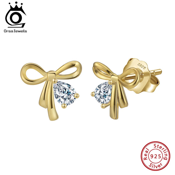 925 Silver Bowknot Stud Earring with Shiny Zircon Pendant for Women