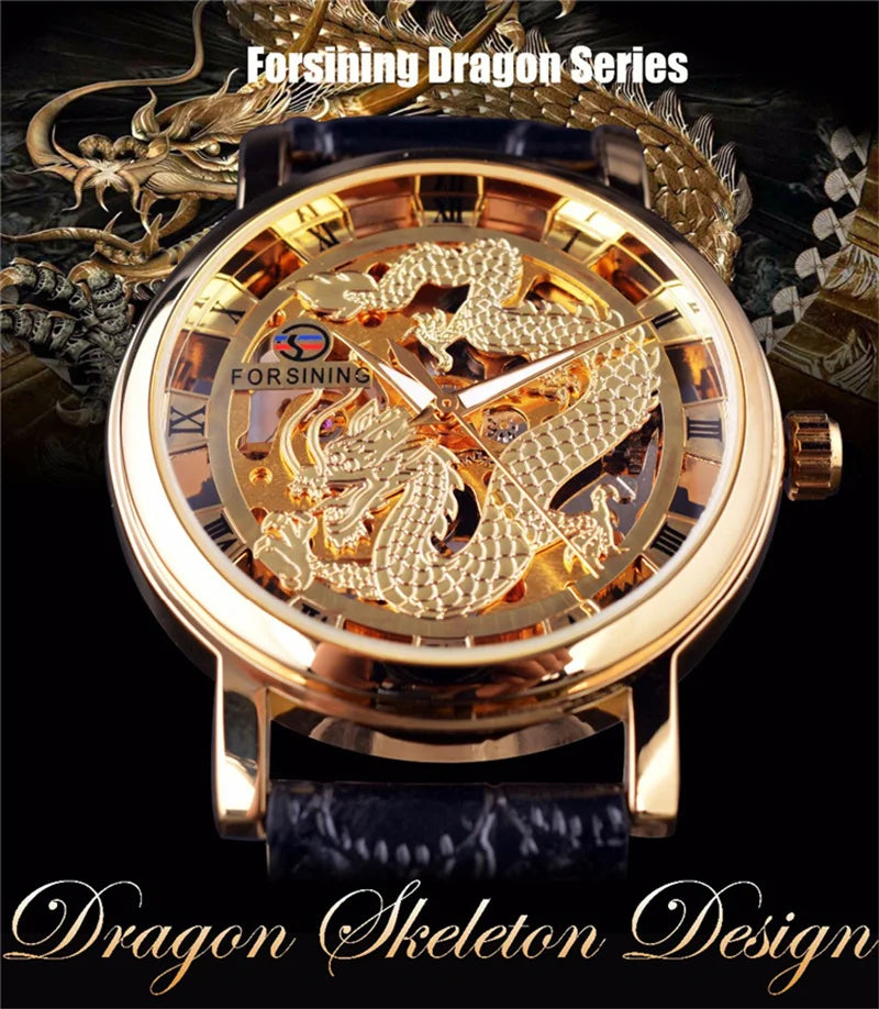 Stainless Steel Dragon Skeleton Mechanical Watch for Men