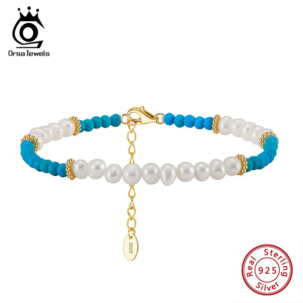 925 Sterling Silver Turquoise Bracelet with Pearl for Women