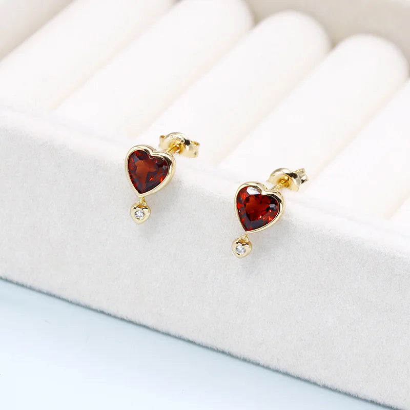 925 Sterling Silver Gold Plated Garnet Stud Earrings for Women