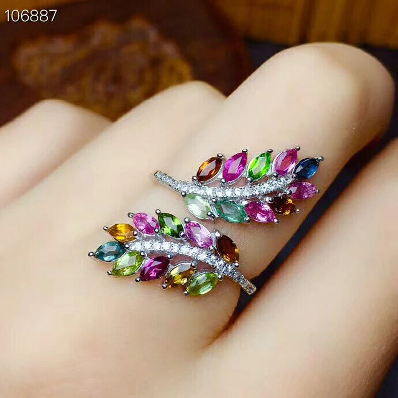 925 Sterling Silver Tourmaline Gemstone Feather Ring for Women