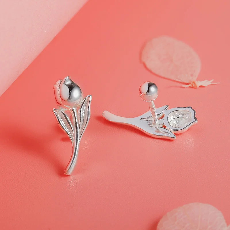 Sterling Silver Tulip Flower Stud Earrings for Girls